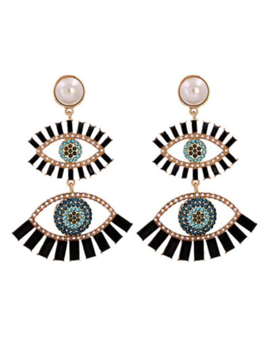 Evil Eye Symbol Black & Gold Boho Large Pearl Dangle Earrings